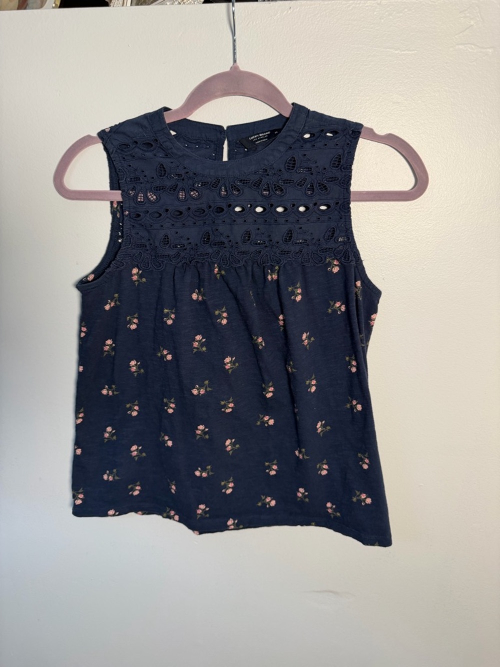 Lucky Brand Navy Floral Crochet Yoke Tank Top